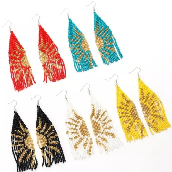 5" Abstract Sunshine Earrings Black Gold Long Beaded Oversized Rays of Sun New - Picture 3 of 3